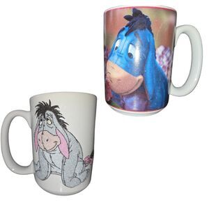 Disney Eeyore Coffee Mug Lot Winnie the Pooh Glitter & Photo Cup Set